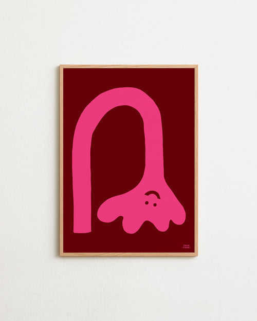 Framed artwork with a pink abstract design on a red background