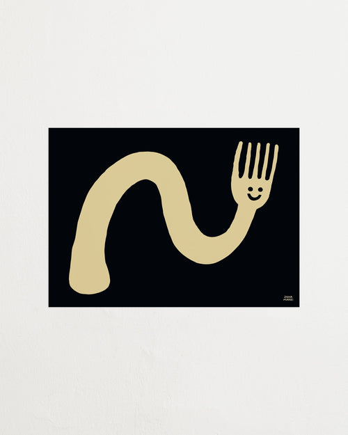 Abstract artwork of a beige snake-like creature with a face on its back against a black background