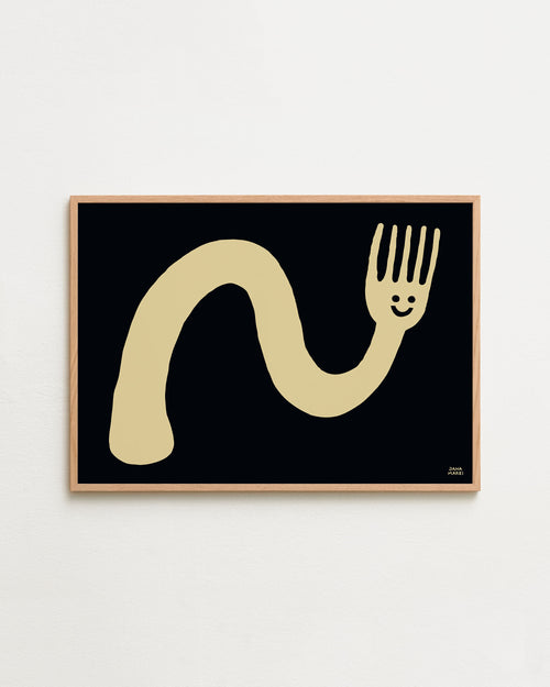 Framed artwork of a stylized beige creature with a face on a black background