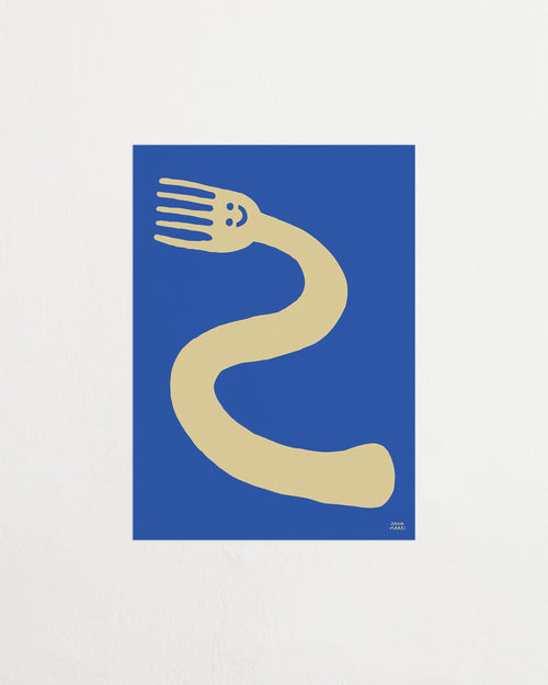 Abstract design of a beige curved line with a blue square background