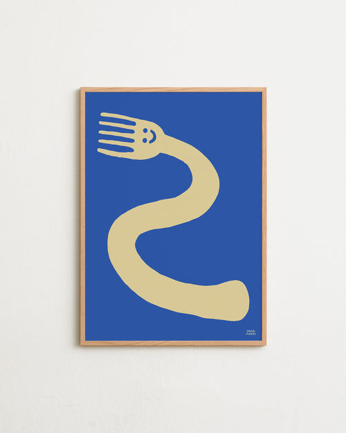 Framed artwork of a stylized fork on a blue background