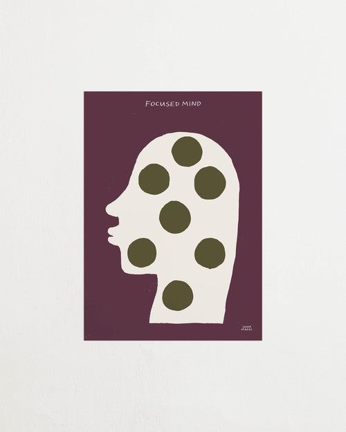 Close-up of the “Creative mind” artwork highlighting the olive green circular shapes inside the head