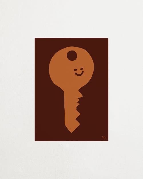 Abstract art print with a key-shaped face on a brown background
