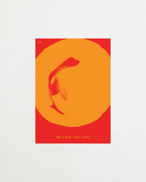 Poster with a yellow circle and fish silhouette on a red background with text 