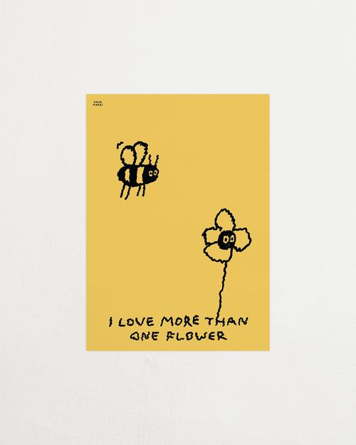 Poster with a bee and flower illustration on a yellow background