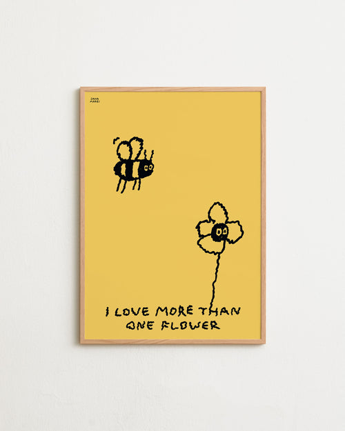 Poster with a bee and flower illustration and text on a yellow background
