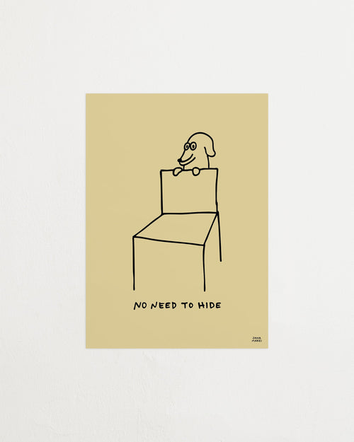 Beige poster with a line drawing of a person sitting on a chair and the text 