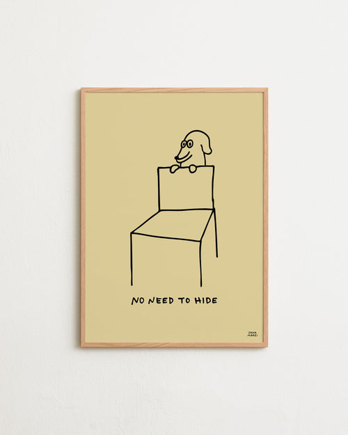 Framed artwork with a minimalist line drawing of a person sitting on a chair and text 