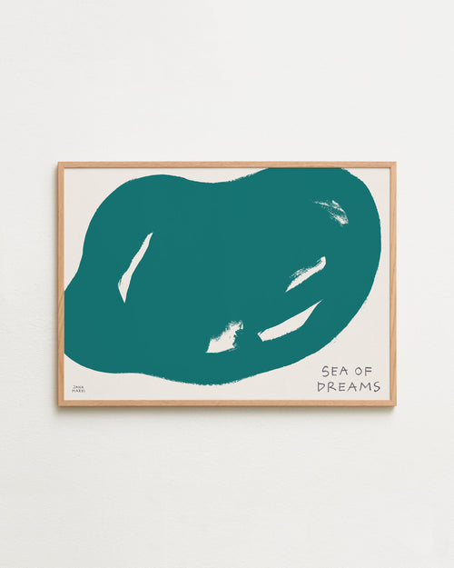 Framed artwork with a teal abstract design and 