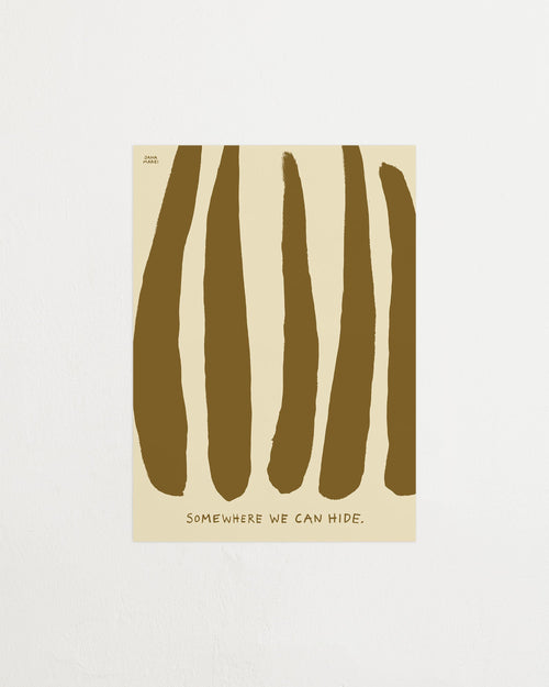 Poster with abstract brown shapes and text 