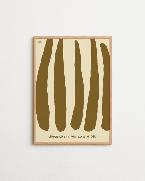 Framed artwork with abstract design and text on a light background