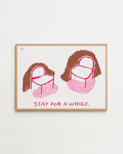 Framed artwork with two chairs and text 