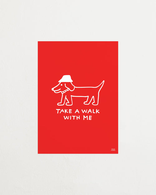 Red poster with a white dog illustration and text 