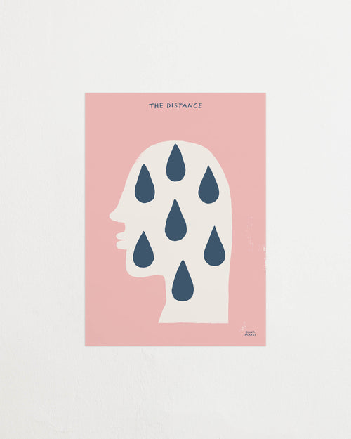 Art print featuring a silhouette of a head in profile with drops and the handwritten note “The Distance”. Featured against a light background.