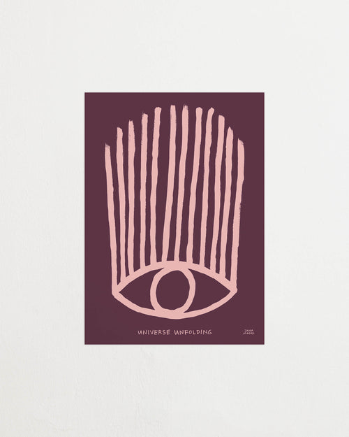 Art print with an abstract colorful, minimalist painting in purple and pink that references an eye. Featured against a light background.