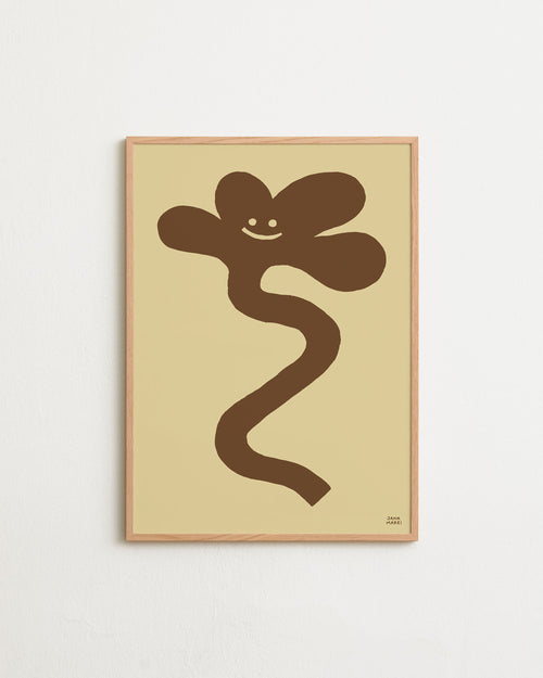 Framed abstract art print with a brown abstract shape on a beige background