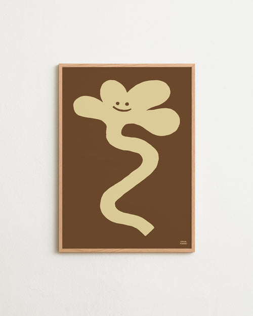 Framed abstract artwork with a smiling, wavy design on a brown background