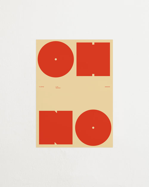 Beige poster with red geometric shapes and text on a white background