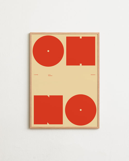 Framed poster with red geometric shapes on a beige background