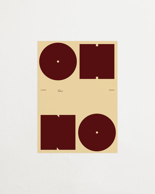 Beige poster with red geometric shapes on a white background