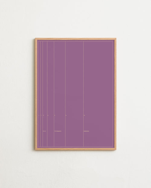 Framed artwork with a purple background and geometric design on a white wall