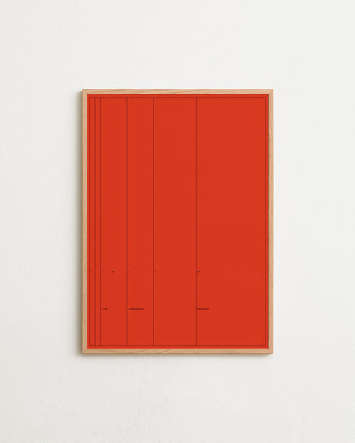 Rectangular red artwork with a wooden frame on a white background