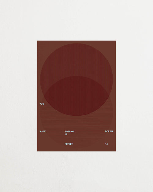 Art print with a graphic illustration of circular forms built from overlapping lines, complemented by small text elements, in brown, blue, and red RAL colors. Featured against a light background.