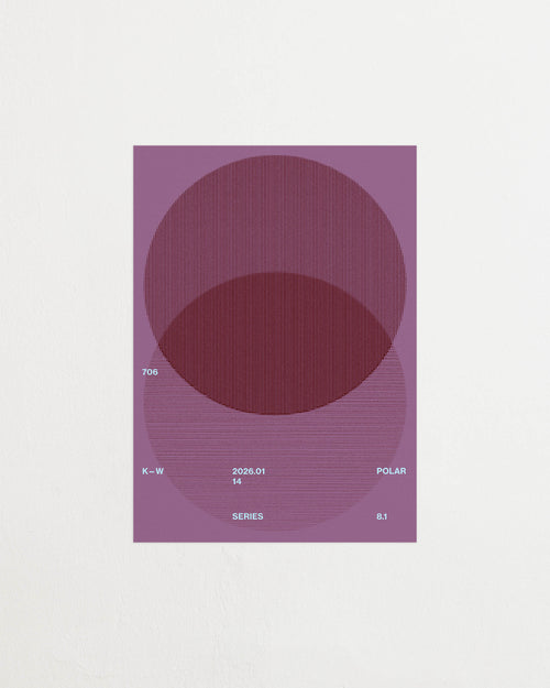 Art print with a graphic illustration of circular forms built from overlapping lines, complemented by small text elements, in purple and blue RAL colors. Featured against a light background.