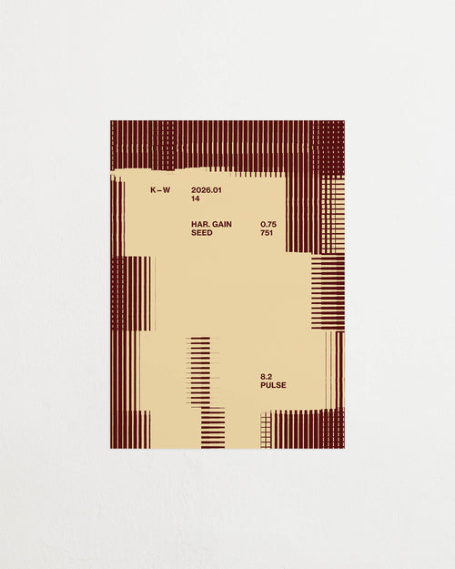 Art print with a graphic illustration of rectangular fields and linear patterns, combined with small text elements, in brown and beige RAL colors. Featured against a light background.