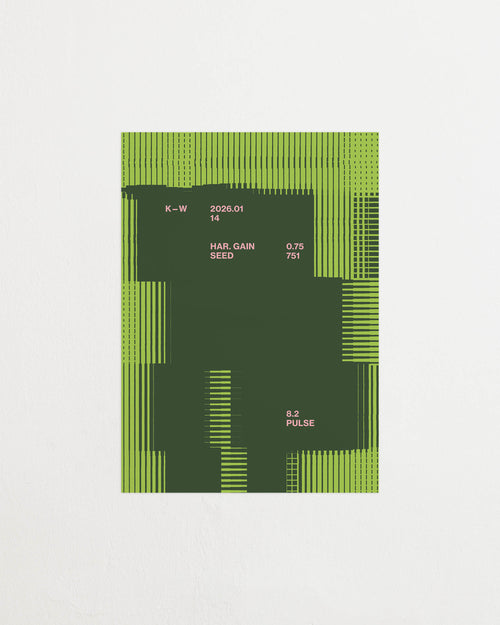 Art print with a graphic illustration of rectangular fields and linear patterns, combined with small text elements, in green and pink RAL colors. Featured against a light background.