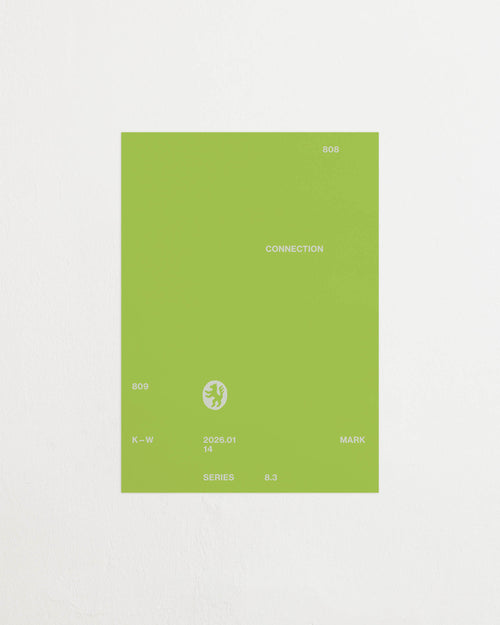 Art print with minimalist, small graphic text elements and a symbol motif in white against a lime green background. Styled in a minimalist interior.