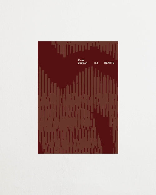 Art print with a graphic illustration of organic, vertical line patterns forming abstract shapes, complemented by small text elements, in brown and red RAL colors. Featured against a light background.
