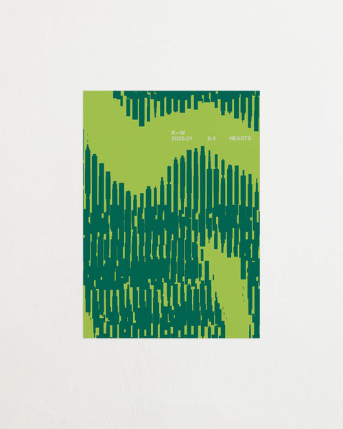 Art print with a graphic illustration of organic, vertical line patterns forming abstract shapes, complemented by small text elements, in green RAL colors. Featured against a light background.