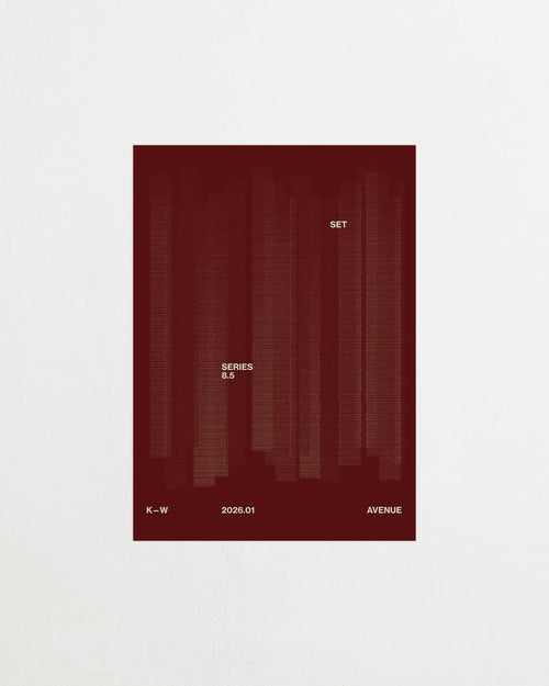 Art print with a graphic illustration of vertical fields built from dense lines, complemented by small text elements, in brown and red RAL colors. Featured against a light background.