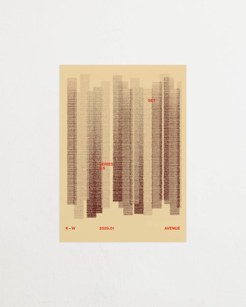 Art print with a graphic illustration of vertical fields built from dense lines, complemented by small text elements, in brown and beige RAL colors. Featured against a light background.