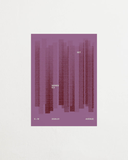 Art print with a graphic illustration of vertical fields built from dense lines, complemented by small text elements, in red and purple RAL colors. Featured against a light background.