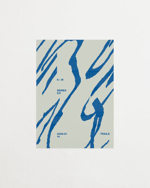 Art print with a graphic illustration of sweeping, organic forms built from dense lines, complemented by small text elements, in blue RAL colors. Featured against a light background.