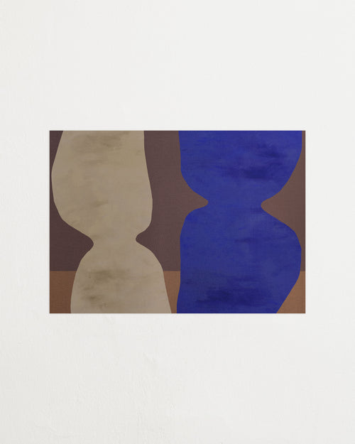 Abstract art piece with blue and beige shapes on a white background