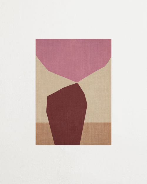 Abstract art print with geometric shapes in pink and brown on a beige background