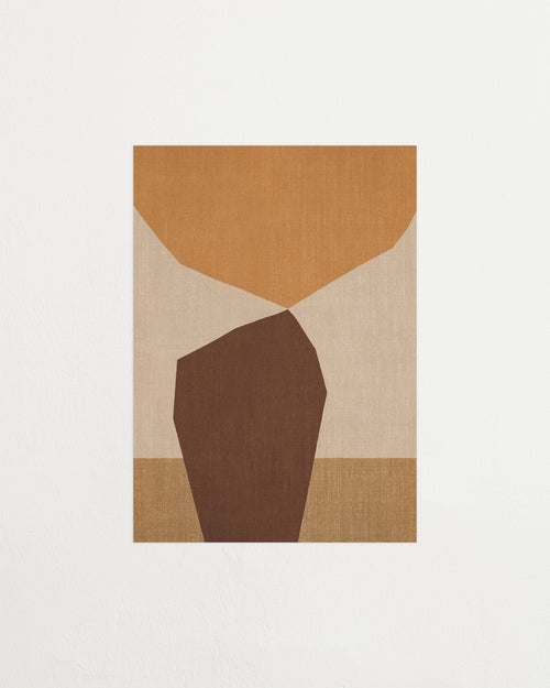 Abstract art piece with geometric shapes in brown and beige on a light background