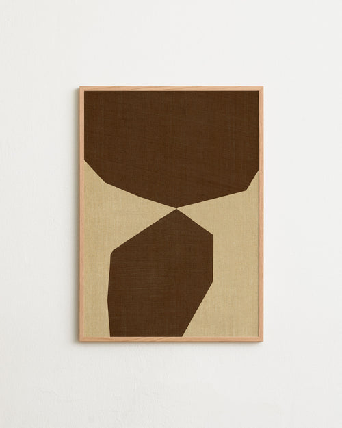 Framed abstract art with brown and beige shapes on a white background