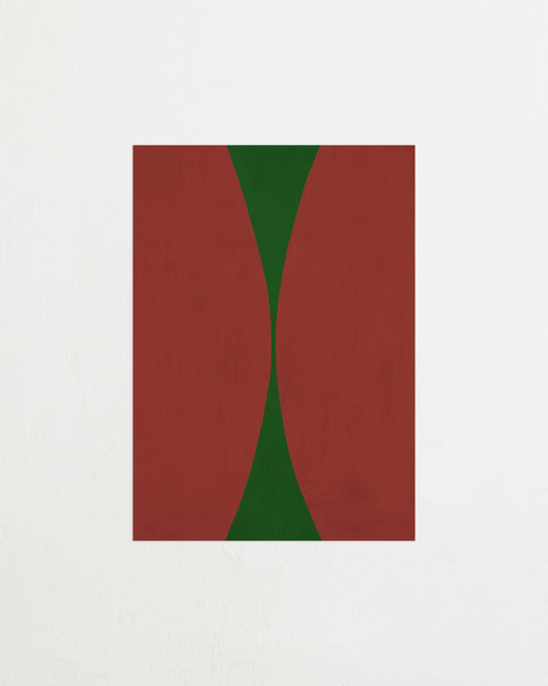 Abstract art piece with red and green shapes on a white background