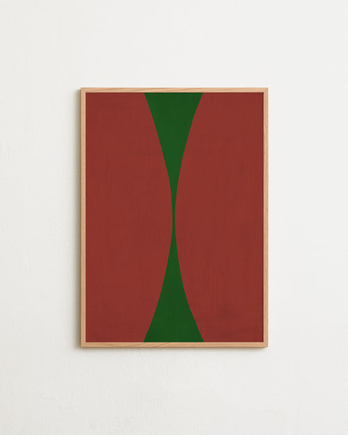 Abstract art piece with red and green shapes on a white background