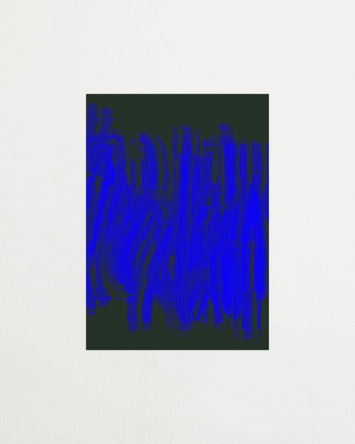 Abstract art with blue and black patterns on a white background