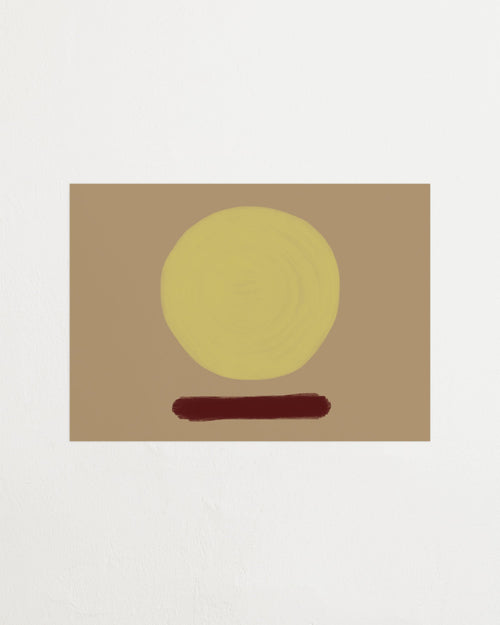 Abstract art with a yellow circle and brown line on a beige background