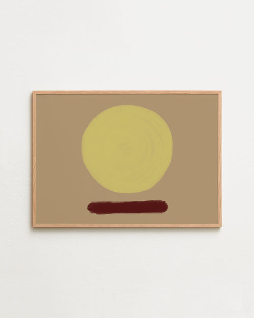 Framed abstract art with a yellow circle and brown line on a beige background
