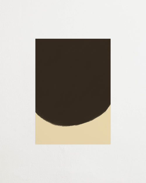 Art print with a minimalist illustration of a large, rounded color field in a dark brown tone against a light beige background. Styled in a minimalist interior.