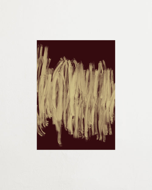 Abstract art piece with beige brush strokes on a dark red background