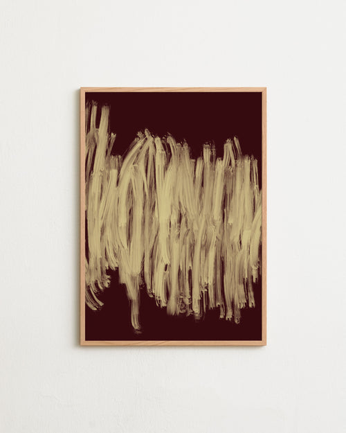 Abstract art print with beige brush strokes on a dark red background, framed in a wooden border.