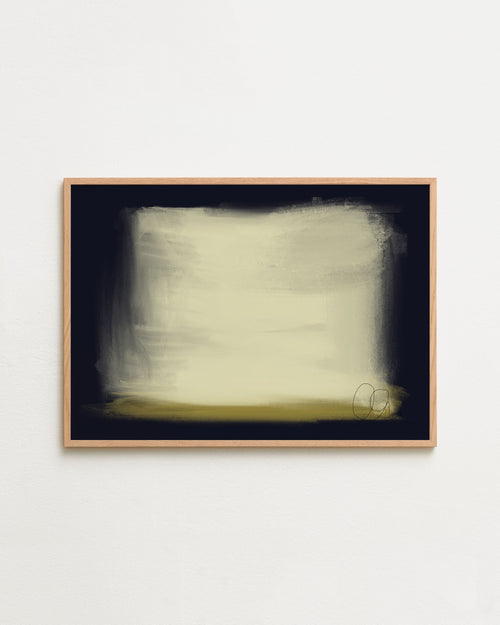 Abstract art piece with a black background and white brush strokes in a wooden frame on a light gray background